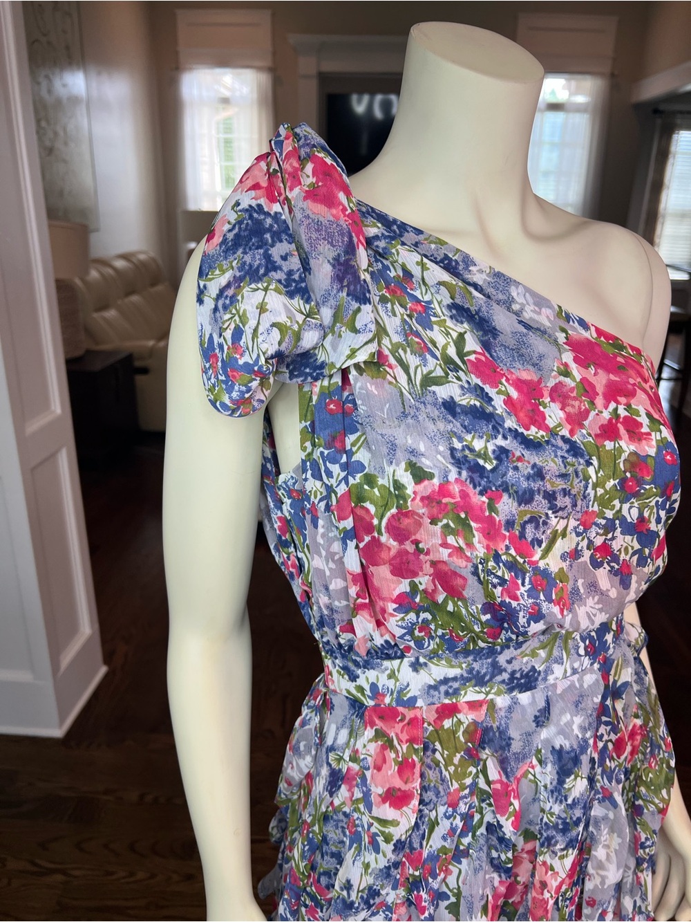 MM Couture One-Shoulder Floral Mini Dress in Pink, Purple, Blue - Picture 9 of 13